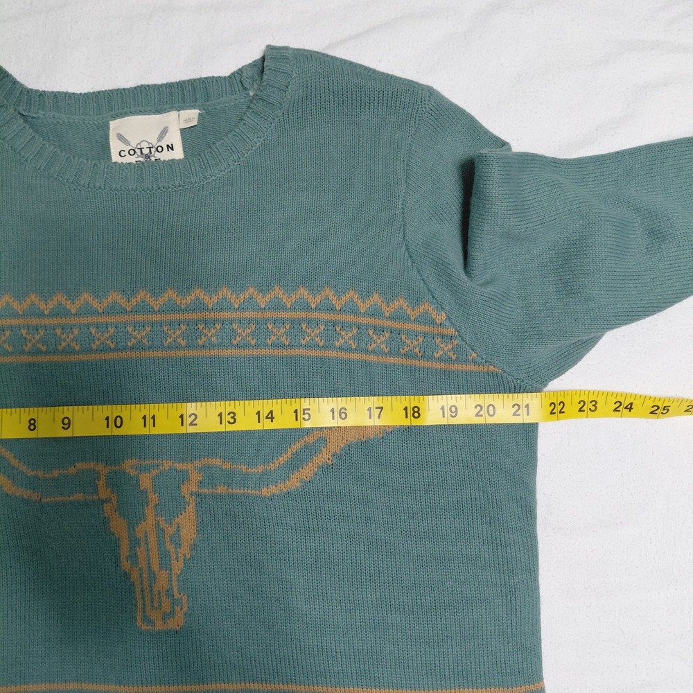 Cotton & Rye Outfitters Teal Southwestern Longhorn Skull Sweater Womens Large - Picture 6 of 9